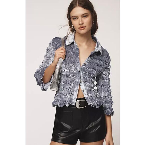Anthropologie Maeve Shirred Velvet Buttondown Tee Sz Medium - Picture 1 of 5